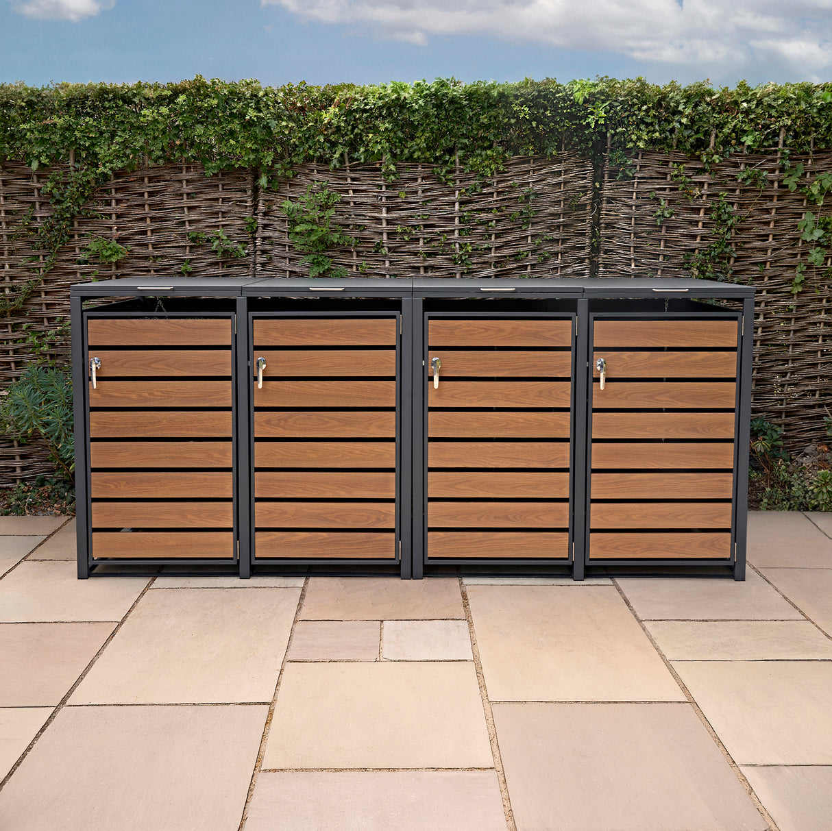 Quadruple Wheelie Bin Metal Storage - Anthracite & Wood - view 4