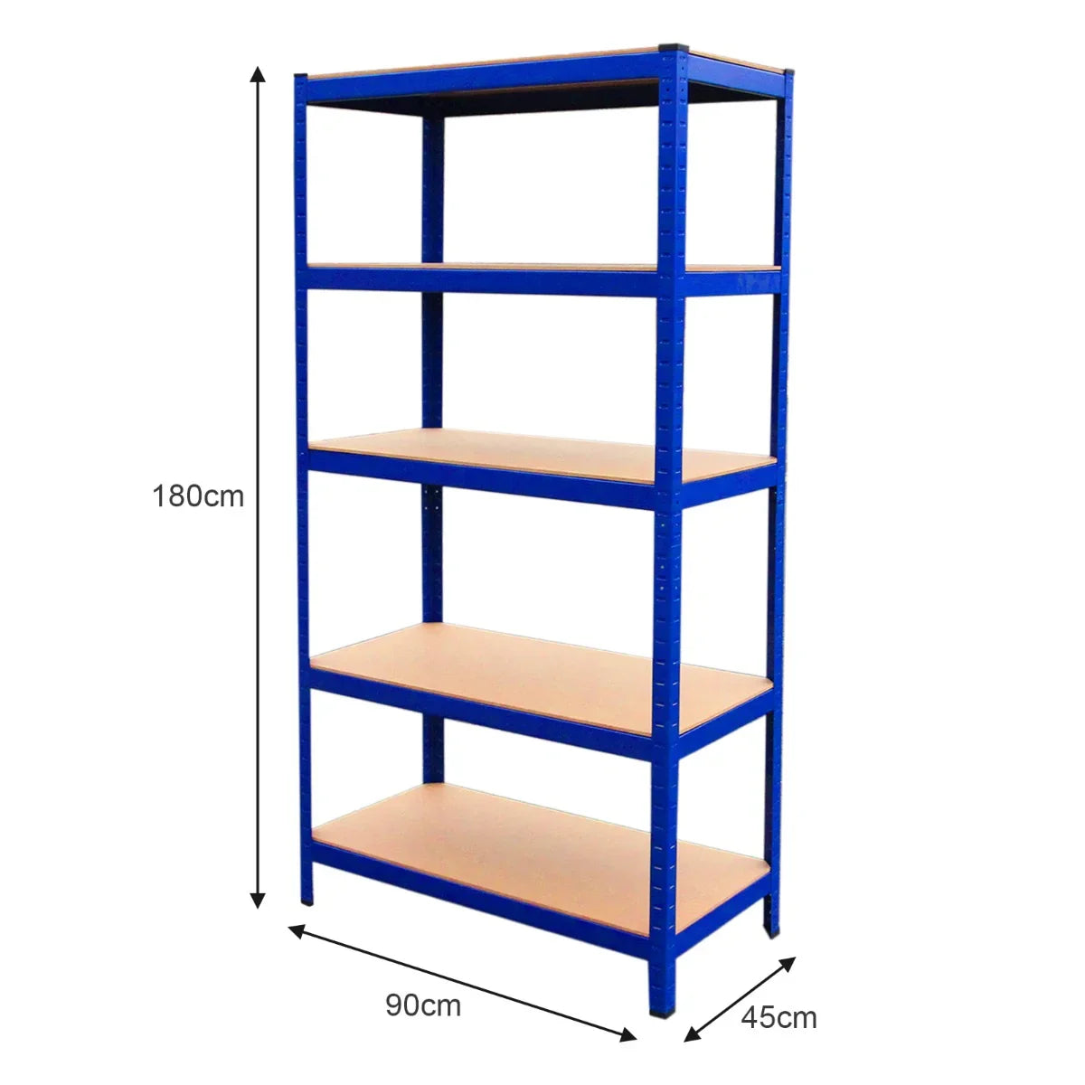 T-RAX blue racking unit with five sturdy shelves, measuring 90cm wide, 45cm deep, and 182.5cm tall, ideal for storage solutions