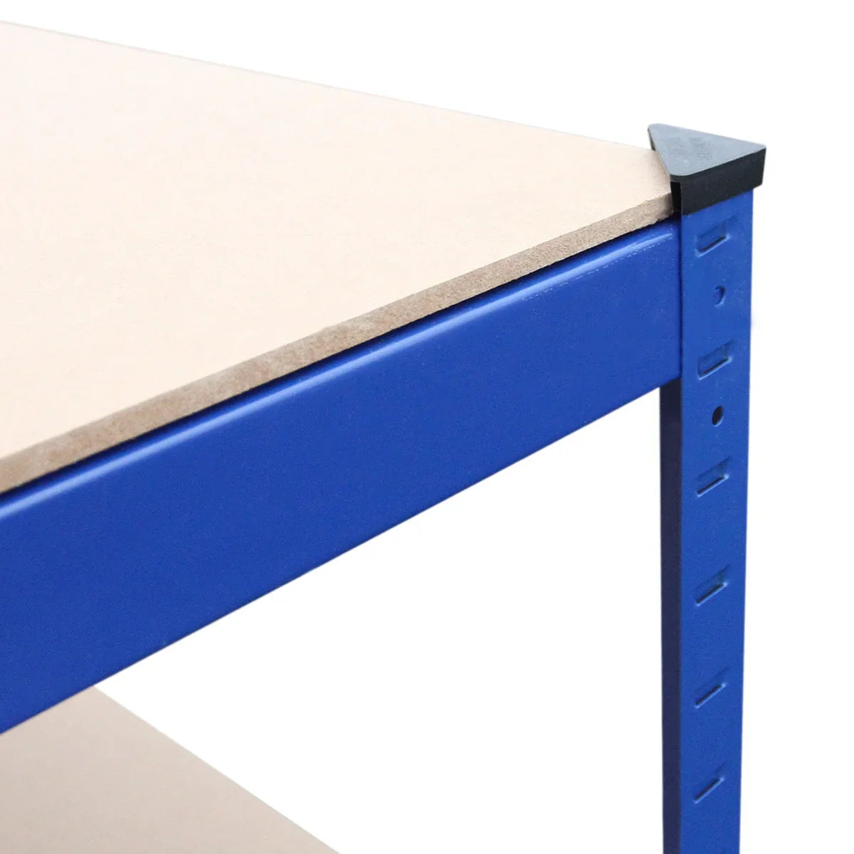 T-RAX blue racking unit with a sturdy metal frame and smooth MDF shelves, showcasing a corner detail and robust design