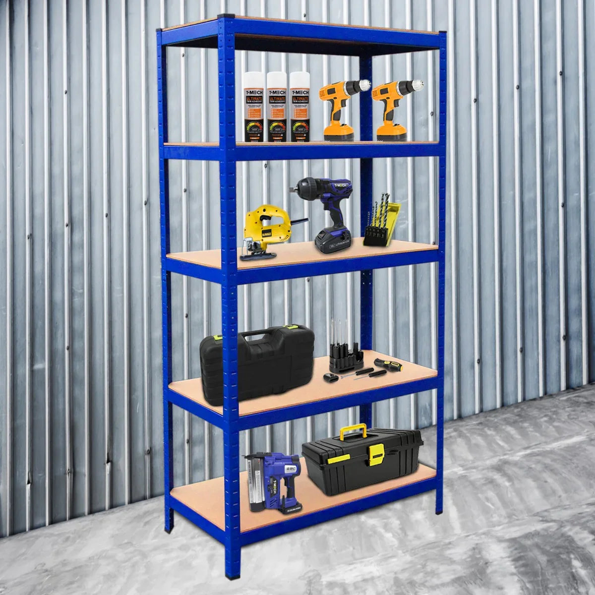 T-RAX blue racking unit with five shelves, showcasing tools and storage boxes against a metallic backdrop, ideal for organization