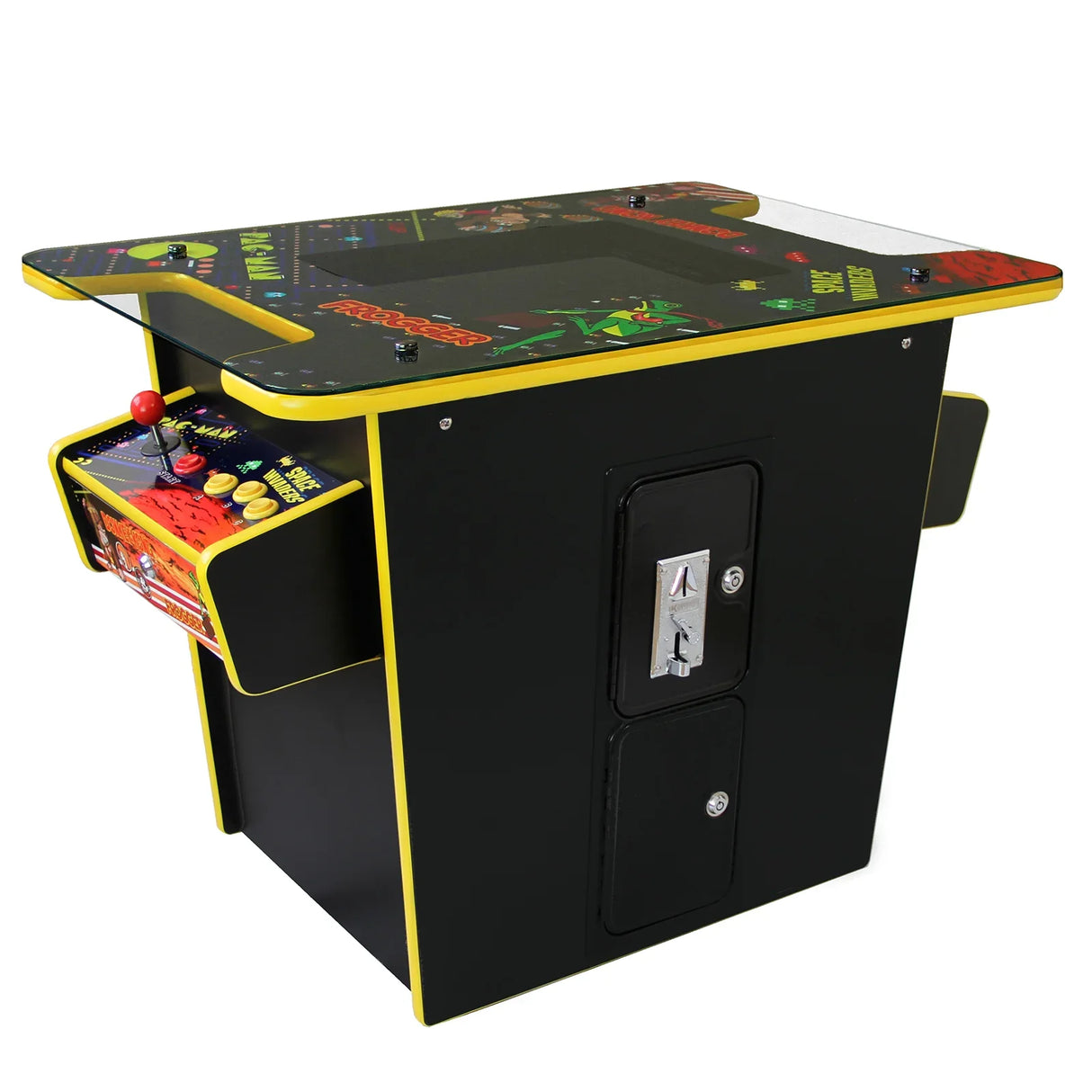 Retro cocktail table arcade game machine with vibrant graphics, yellow trim, joystick, and coin slot, perfect for gaming enthusiasts