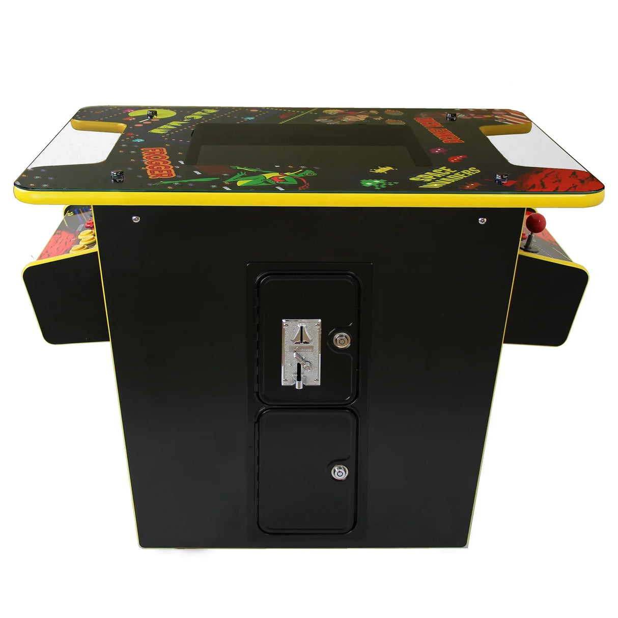 Retro cocktail table arcade game machine with a vibrant black and yellow design, featuring classic game graphics and a coin slot