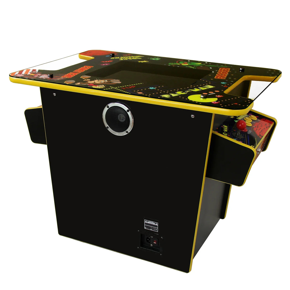Retro cocktail table arcade game machine with a sleek black finish, vibrant graphics, and colorful joystick controls for classic gaming fun