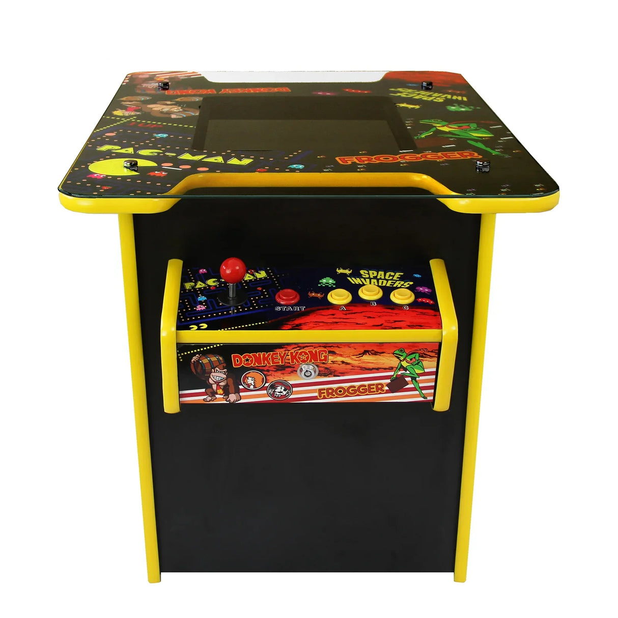 Retro cocktail table arcade game machine featuring vibrant graphics, a black body, yellow trim, and classic joystick controls