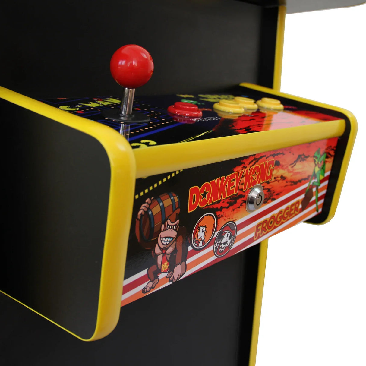 Retro cocktail table arcade game machine featuring vibrant graphics of Donkey Kong and Frogger, with a joystick and colorful buttons