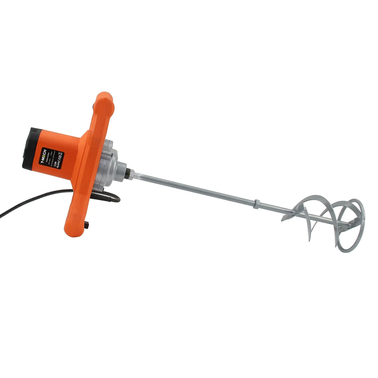T-Mech Paddle Mixer with a bright orange handle, metal mixing shaft, and spiral paddles, designed for efficient mixing of materials