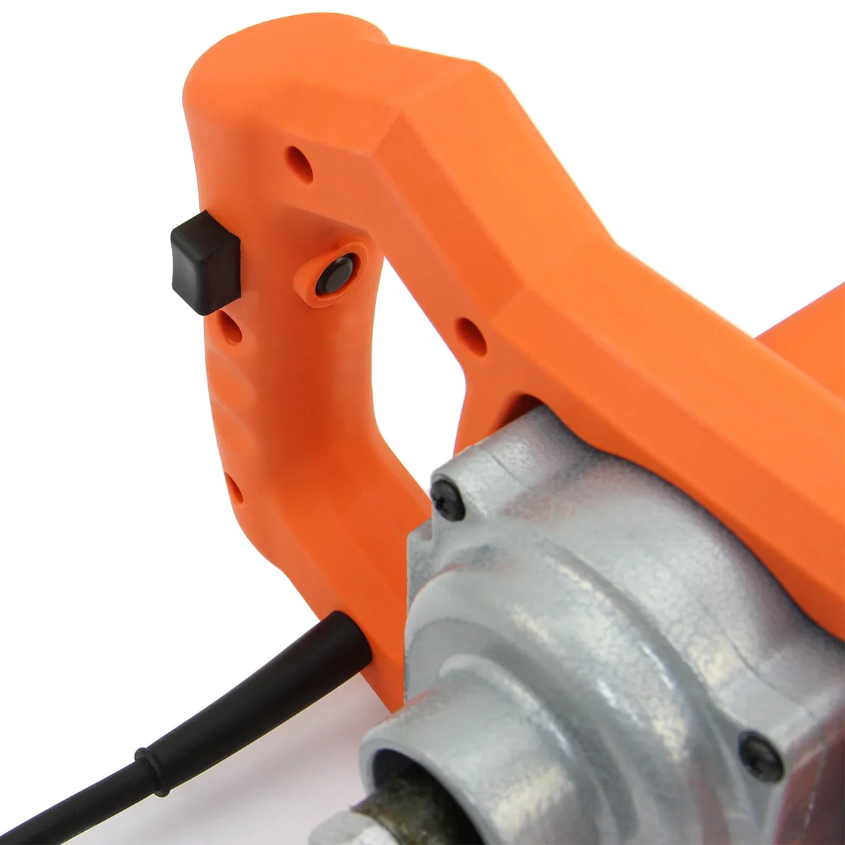 Close-up of the T-Mech Paddle Mixer handle, featuring an ergonomic orange grip and a silver motor casing for easy operation