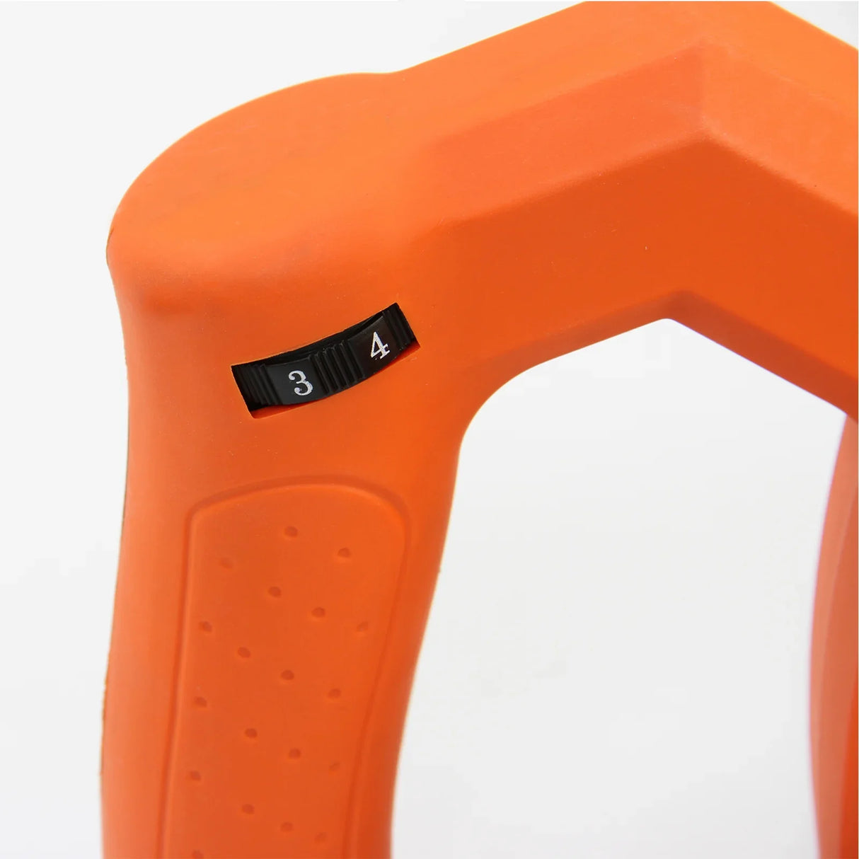 Close-up of the T-Mech Paddle Mixer's bright orange ergonomic handle with numbered settings for easy operation and grip comfort