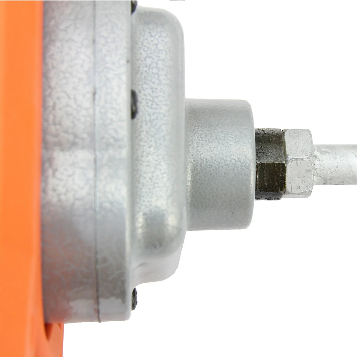 Close-up of T-Mech Paddle Mixer showing the silver motor housing, textured surface, and orange body for easy handling and durability