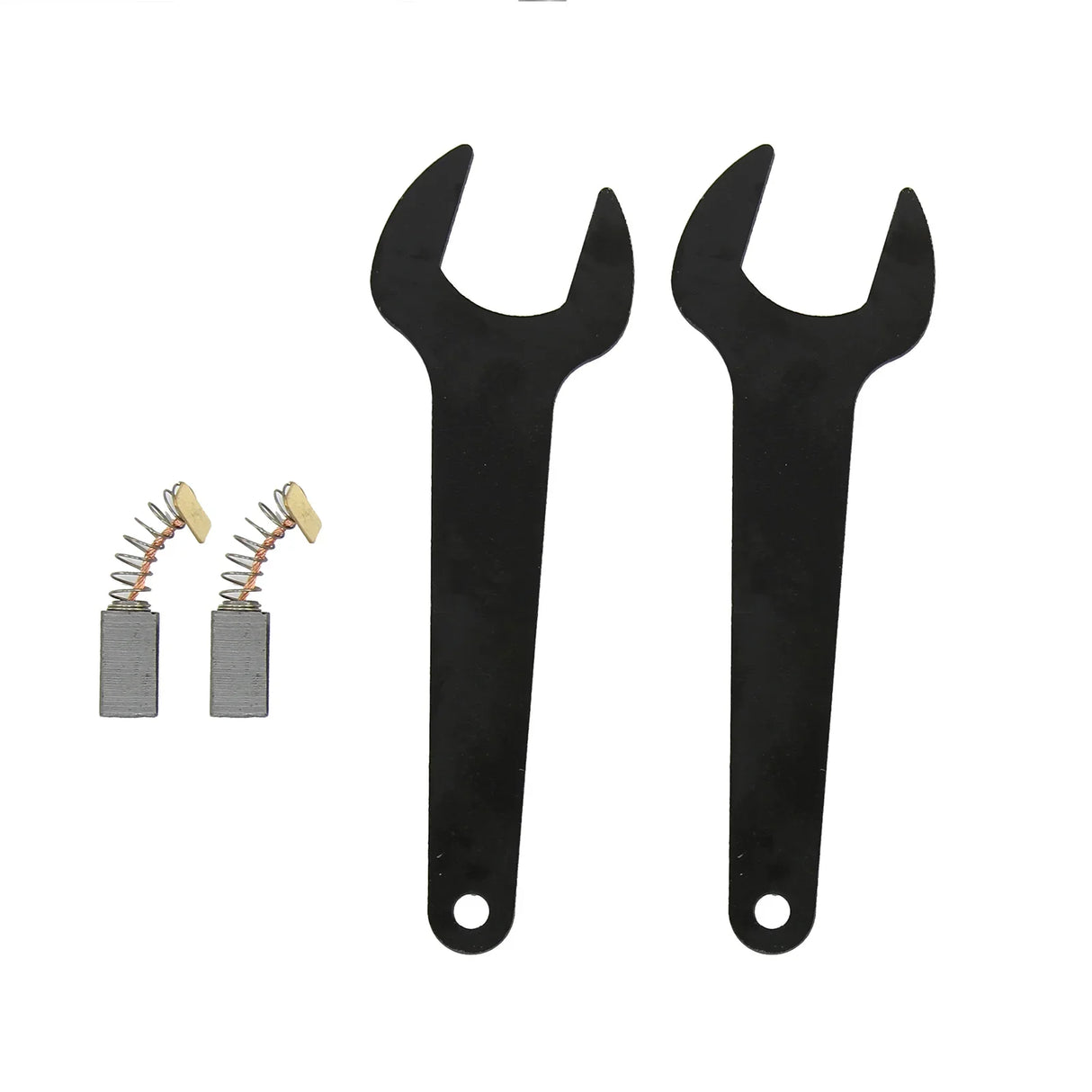 Two black metal wrenches and two carbon brushes for T-Mech Paddle Mixer, designed for maintenance and repairs