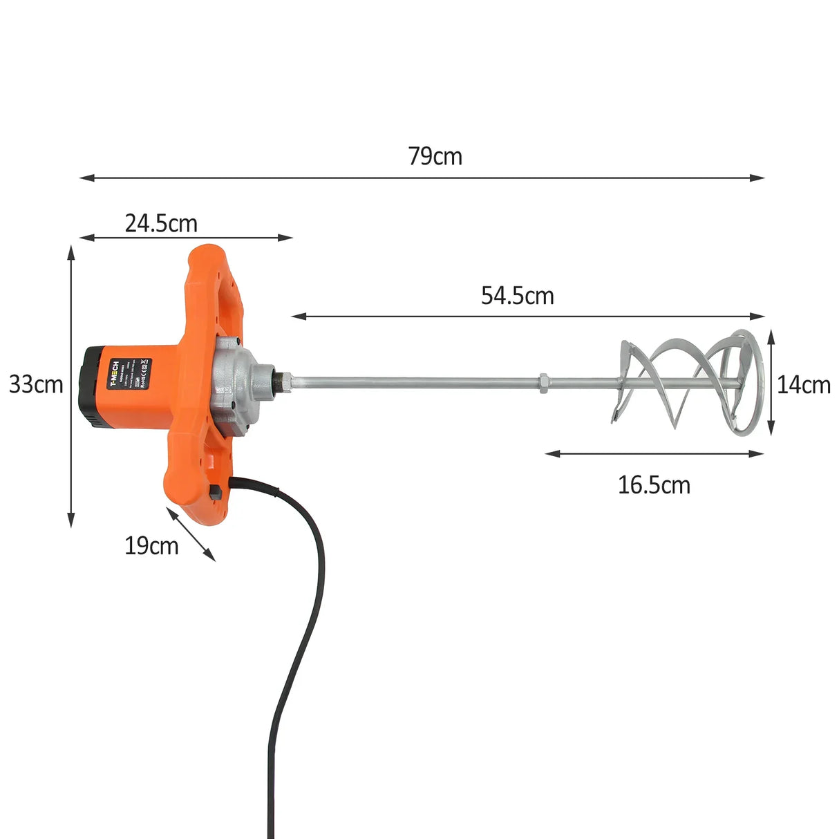 T-Mech Paddle Mixer in bright orange with a stainless steel mixing shaft, measuring 79cm long and 14cm wide, ideal for blending materials