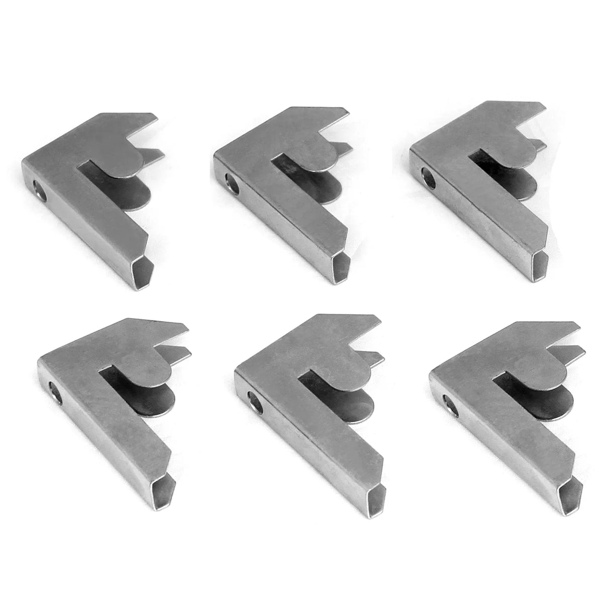 Galwix bay connectors in a six-pack, featuring sturdy silver metal construction with a sharp, angular design for secure racking assembly
