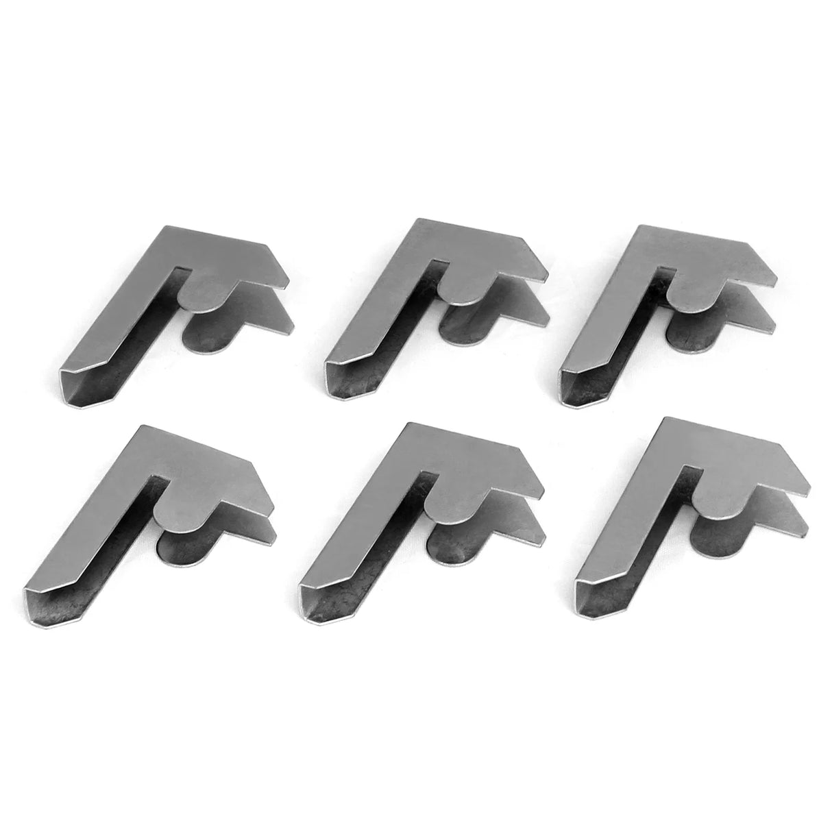 Six silver metal Galwix bay connectors with a sleek, angular design, ideal for sturdy shelving assembly and support