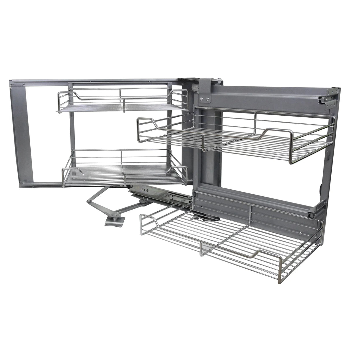 KuKoo corner kitchen cupboard pull-out drawers in silver metal, featuring multiple wire shelves for organized storage and easy access