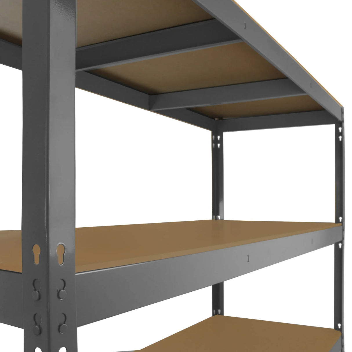 Heavy duty grey storage shelving unit with three sturdy shelves, featuring a sleek metal frame and smooth wooden surfaces