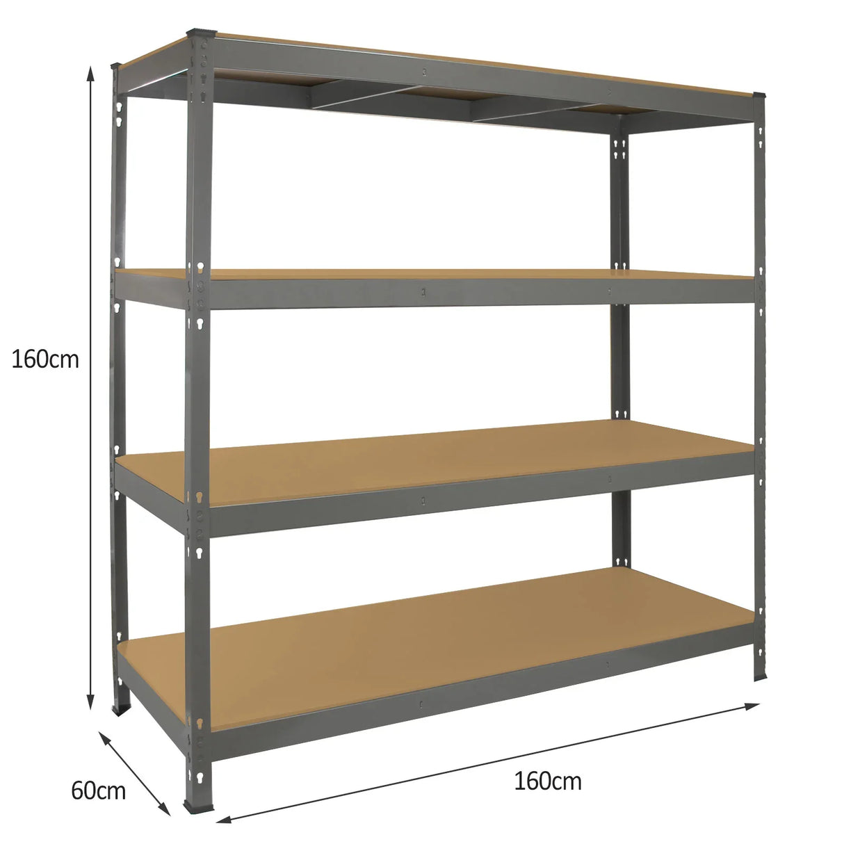 Heavy-duty grey storage shelving unit, 160cm wide and 60cm deep, featuring four sturdy shelves with a smooth surface for organization