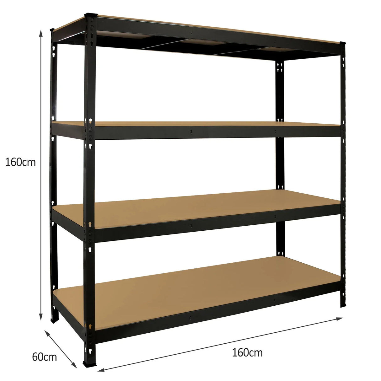 Heavy duty black storage shelving unit, 160cm wide and 60cm deep, featuring four sturdy shelves for optimal organization