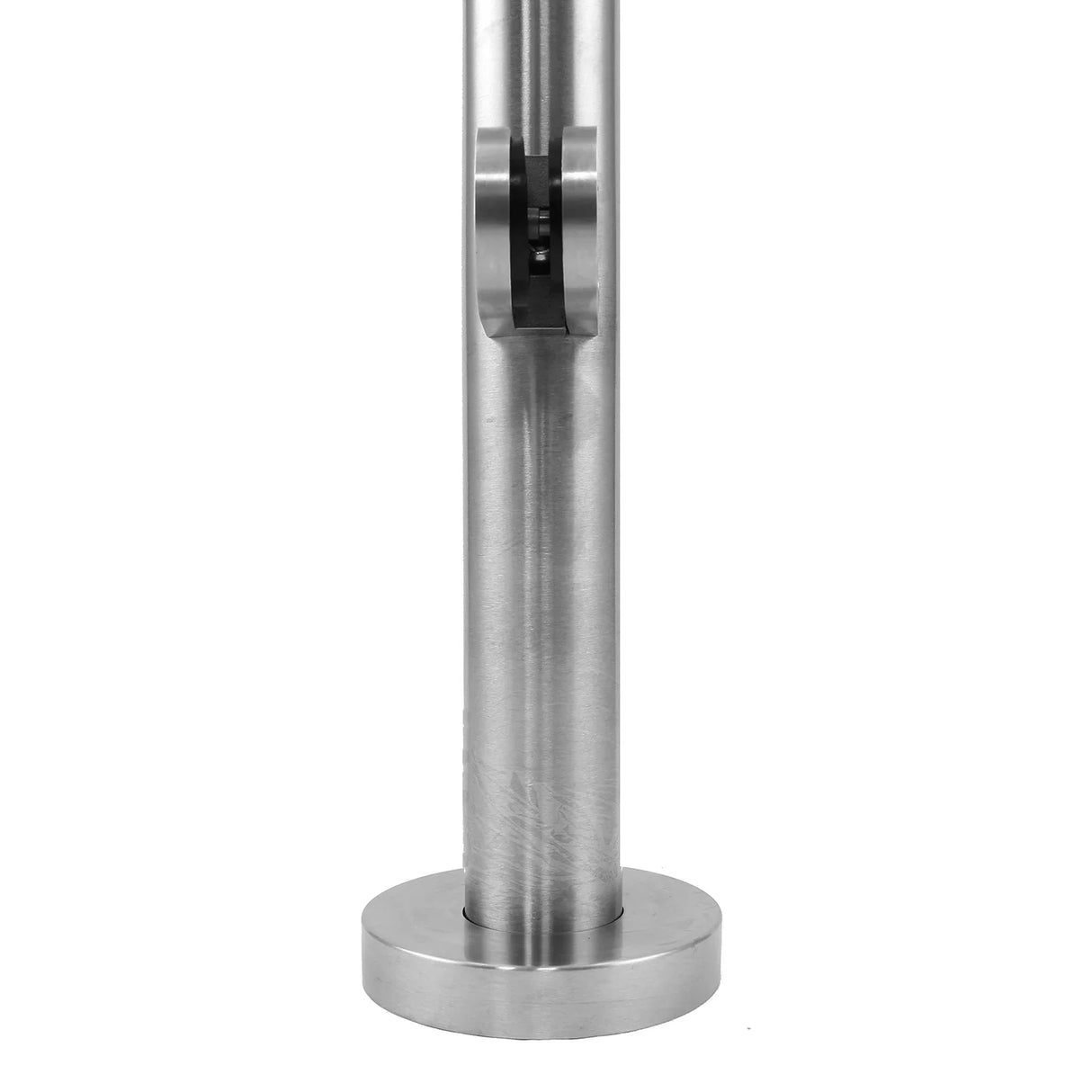 Stainless steel balustrade end post, 110cm high, featuring a sleek, polished finish and sturdy circular base for stability