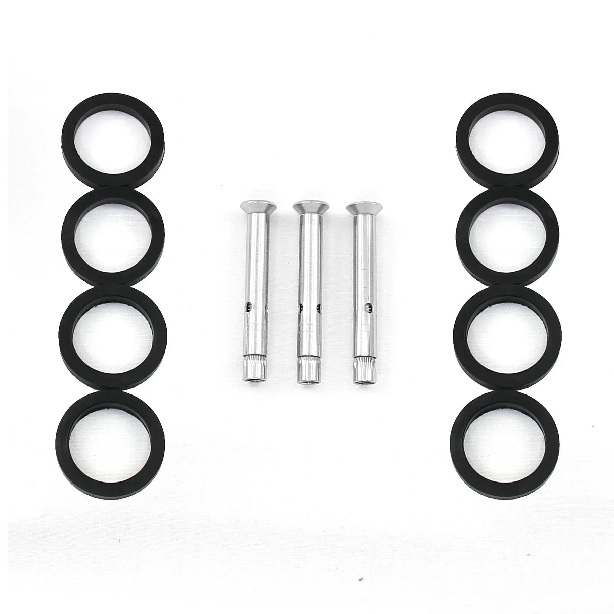 Stainless steel balustrade end post components including six black rubber rings and three silver metal bolts for secure installation