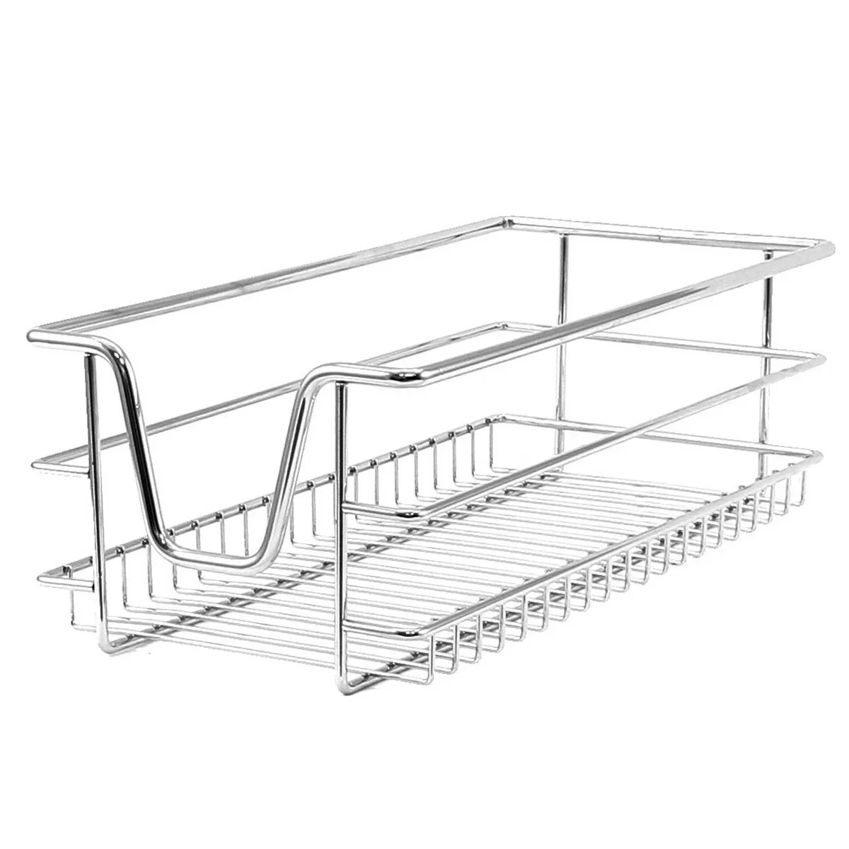 Chrome pull-out storage basket for cabinets, 300mm wide, featuring a sleek wire design and sturdy construction for easy organization