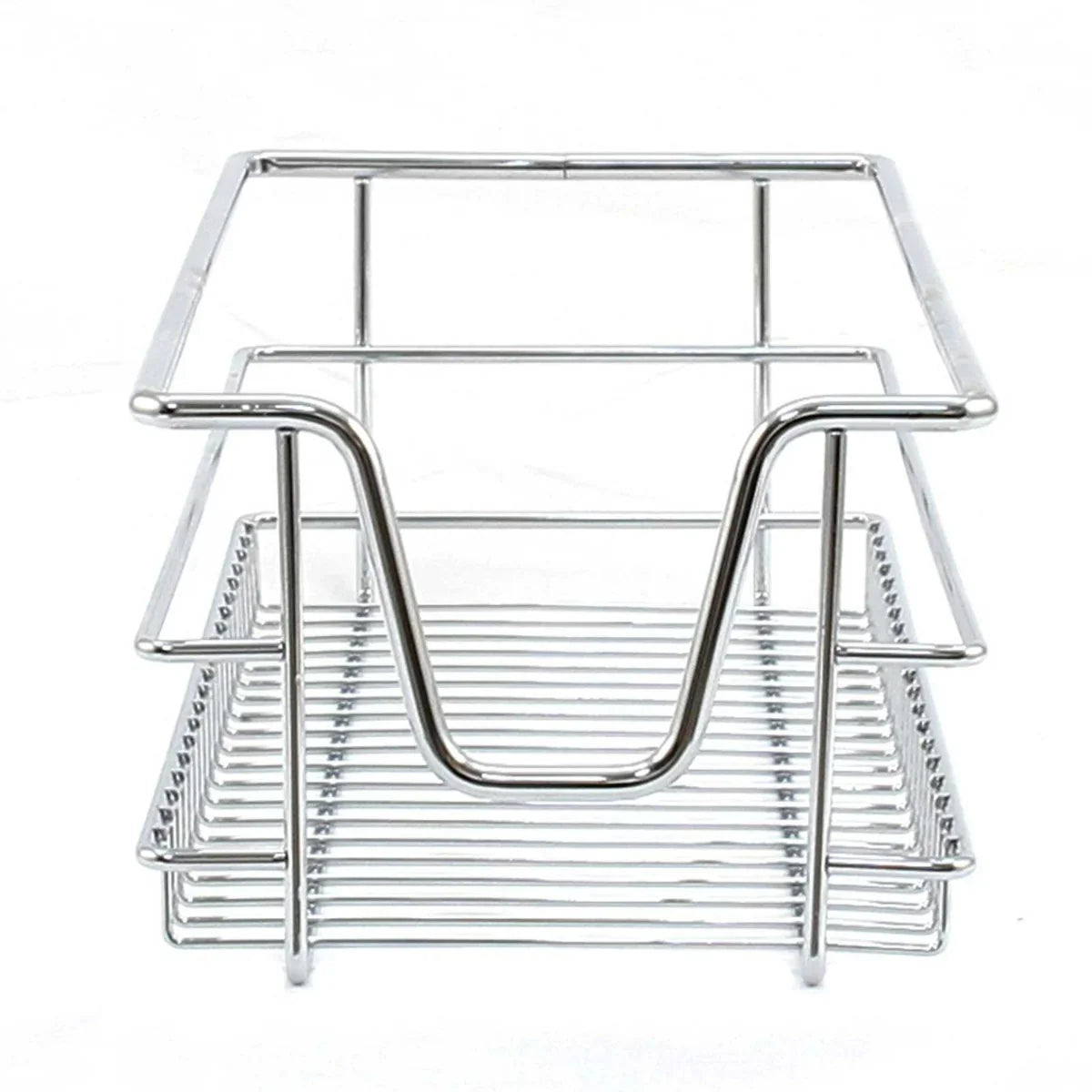 Chrome pull-out storage basket with a sleek, open design, ideal for organizing kitchen cabinets, measuring 300mm wide