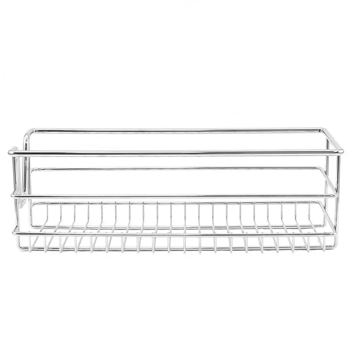 Chrome wire pull-out storage basket with a sleek design, ideal for organizing kitchen cabinets, measuring 300mm wide
