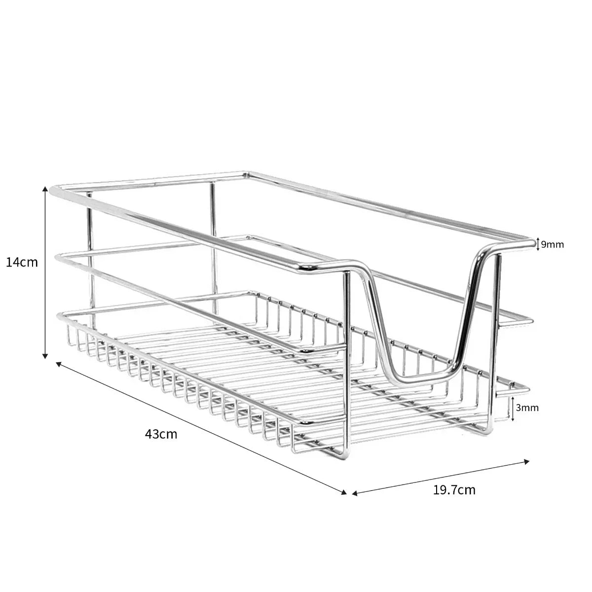 Stainless steel pull-out storage basket, 300mm wide, features a sleek design with open wire structure for easy visibility and access