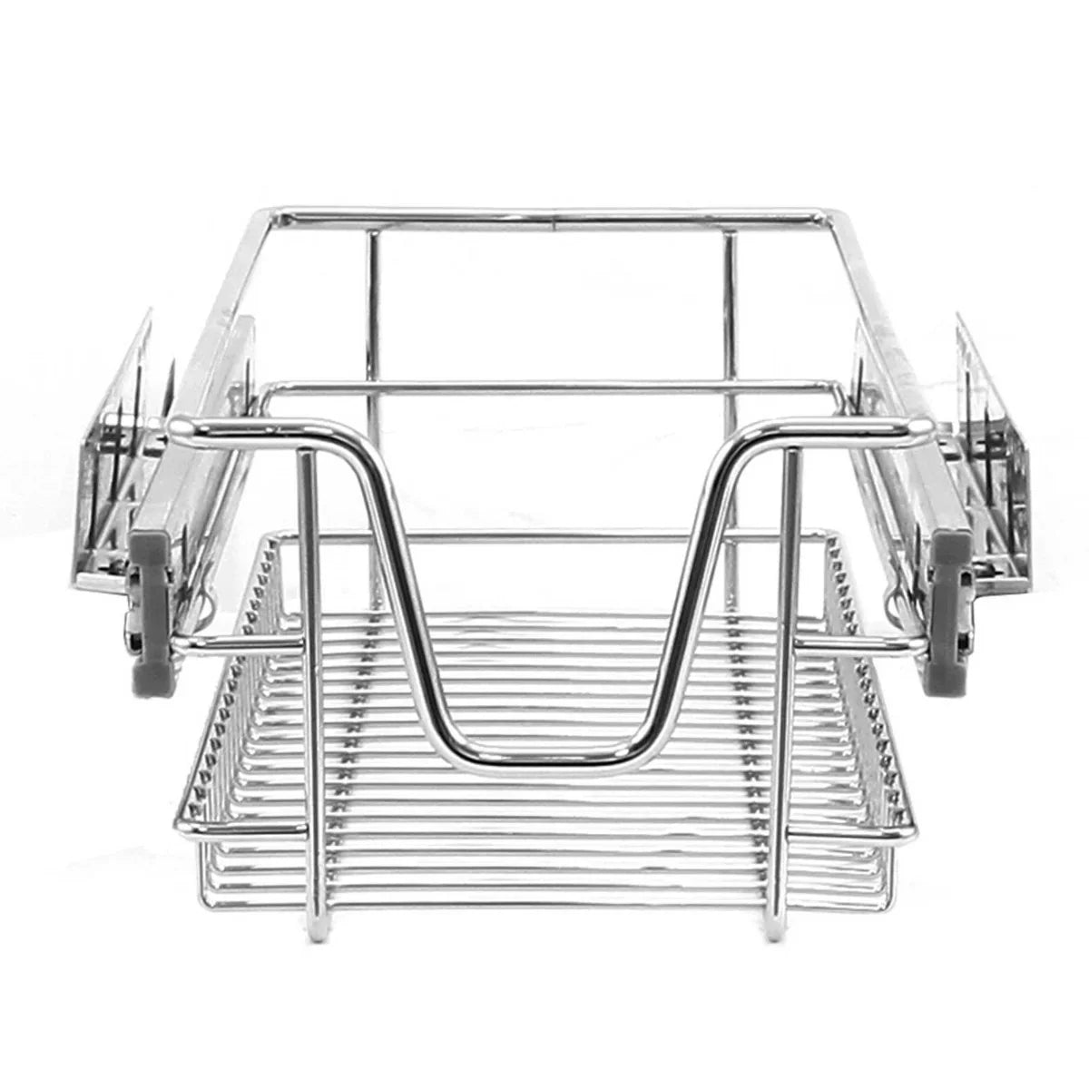 Chrome pull-out storage basket with a sleek design, featuring a sturdy wire frame and smooth sliding mechanism for easy access