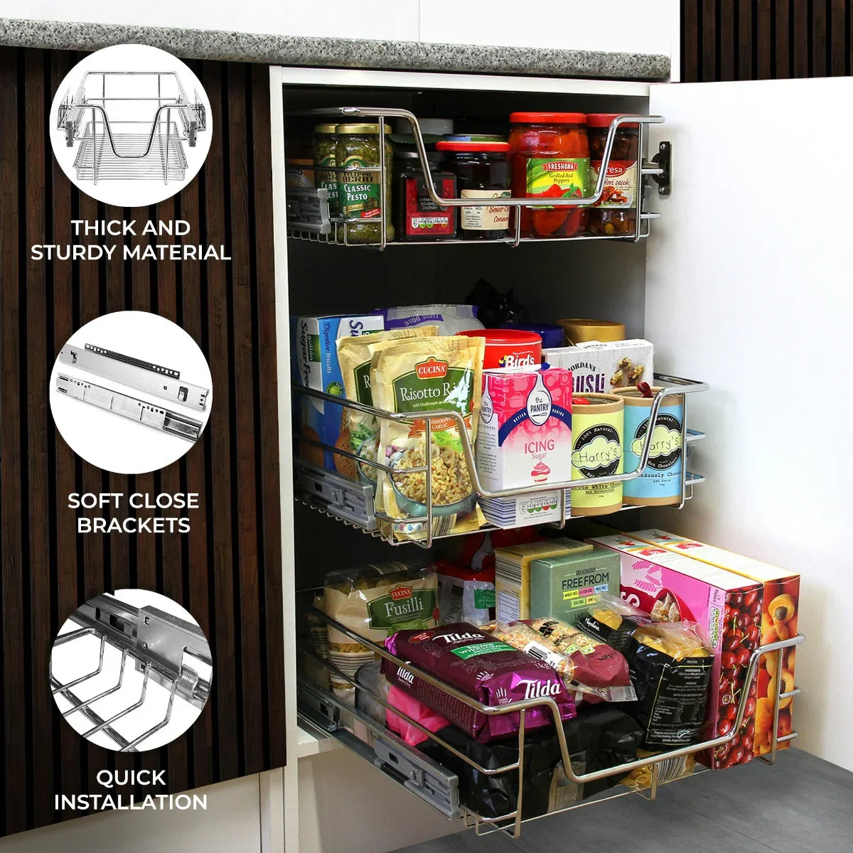 6 pull-out storage baskets in a 500mm wide cabinet, featuring sturdy metal frames, soft-close brackets, and organized food items