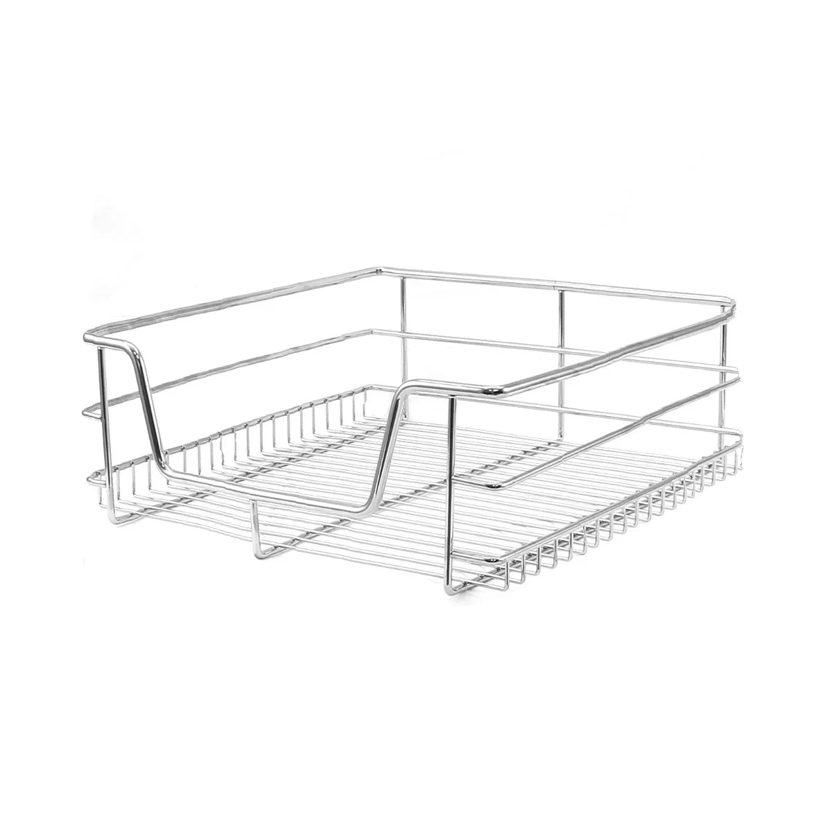 Three sleek, chrome wire pull-out storage baskets designed for 400mm wide kitchen cabinets, featuring a sturdy open design for easy access