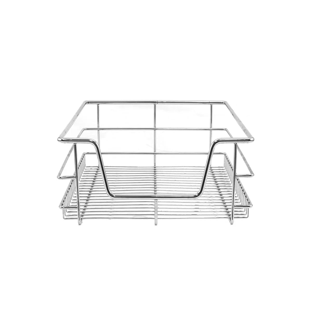 Chrome pull-out storage basket with a sleek design, featuring a sturdy wire frame and open slat bottom for easy visibility and access