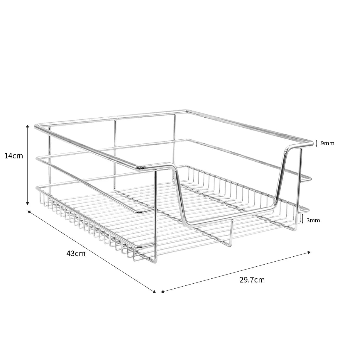 Stainless steel pull-out storage basket measuring 400mm wide, featuring a sleek design with a mesh bottom for ventilation