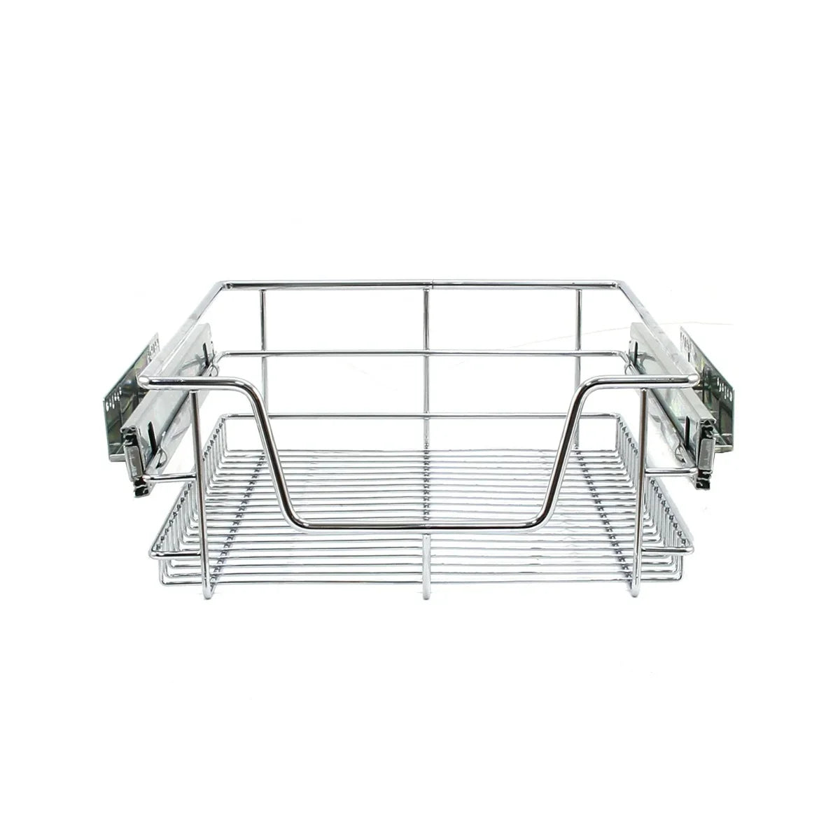 Chrome pull-out storage basket for cabinets, 400mm wide, featuring a sleek wire design and sturdy handles for easy access