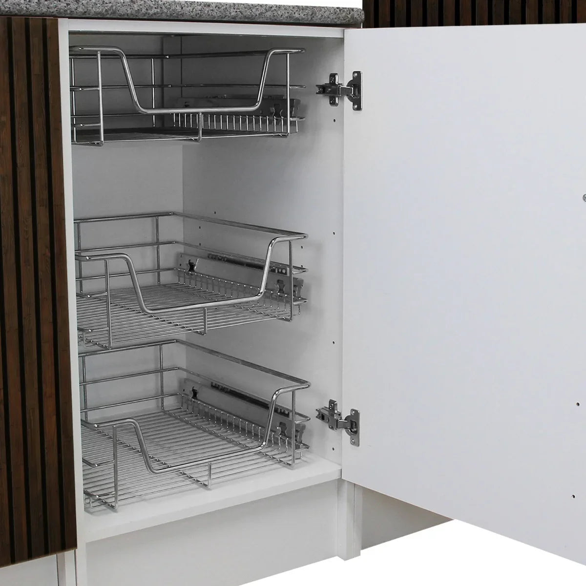 Pull-out storage baskets in a 500mm wide cabinet, featuring chrome wire construction and smooth sliding mechanism for easy access