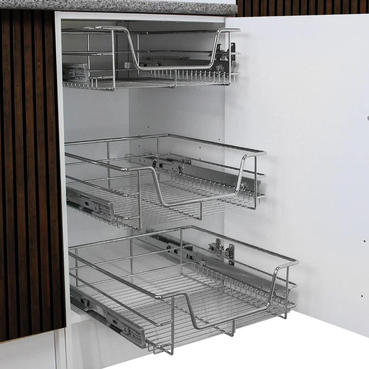 Pull-out storage baskets in a 500mm wide cabinet, featuring chrome wire design, sleek lines, and ample space for organization