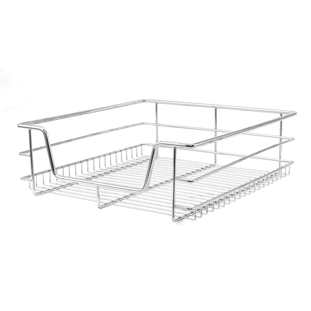 Stainless steel pull-out storage basket with a sleek design, ideal for organizing kitchen cabinets, measuring 500mm wide