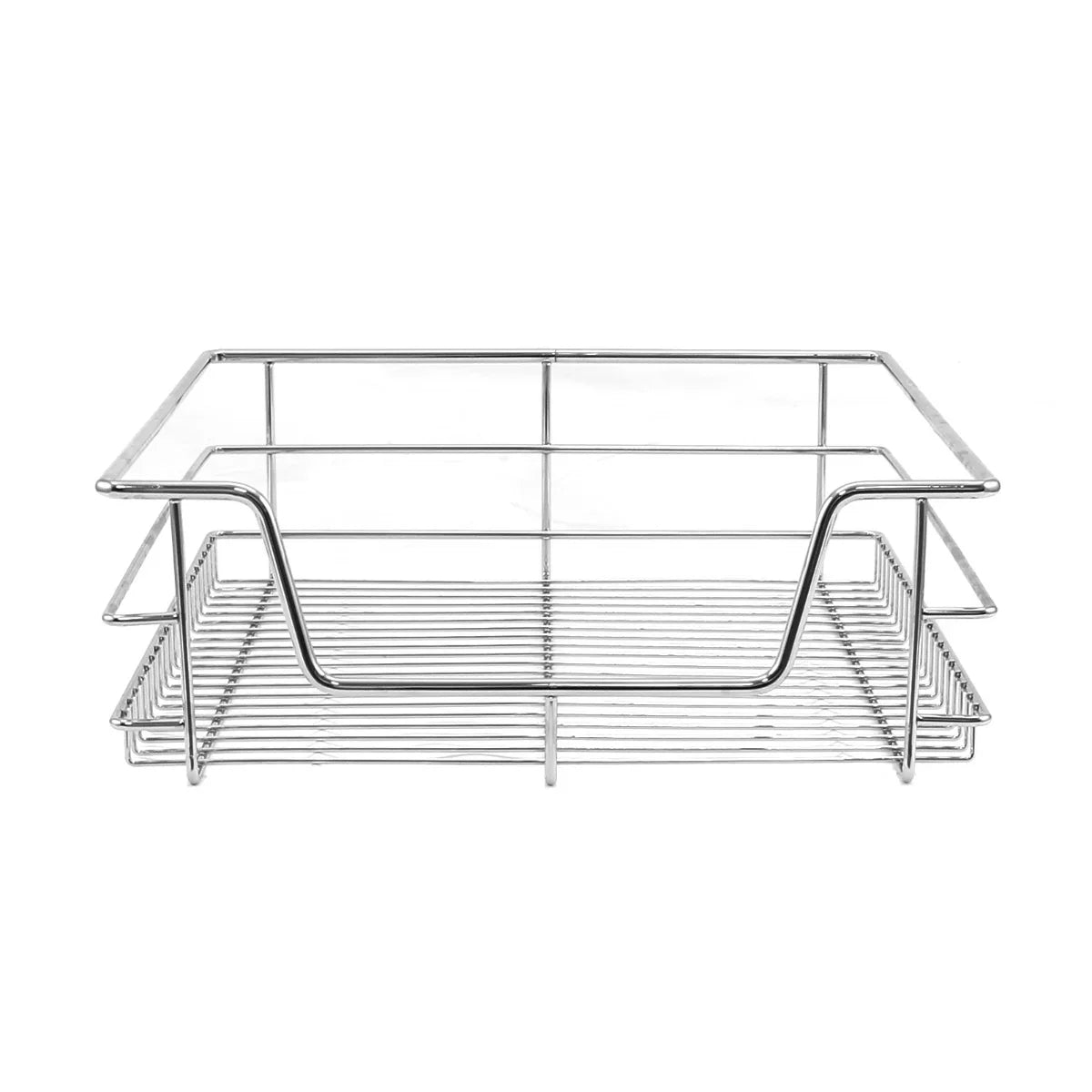 Stainless steel pull-out storage basket with a sleek chrome finish, designed for 500mm wide kitchen cabinets, ideal for organization