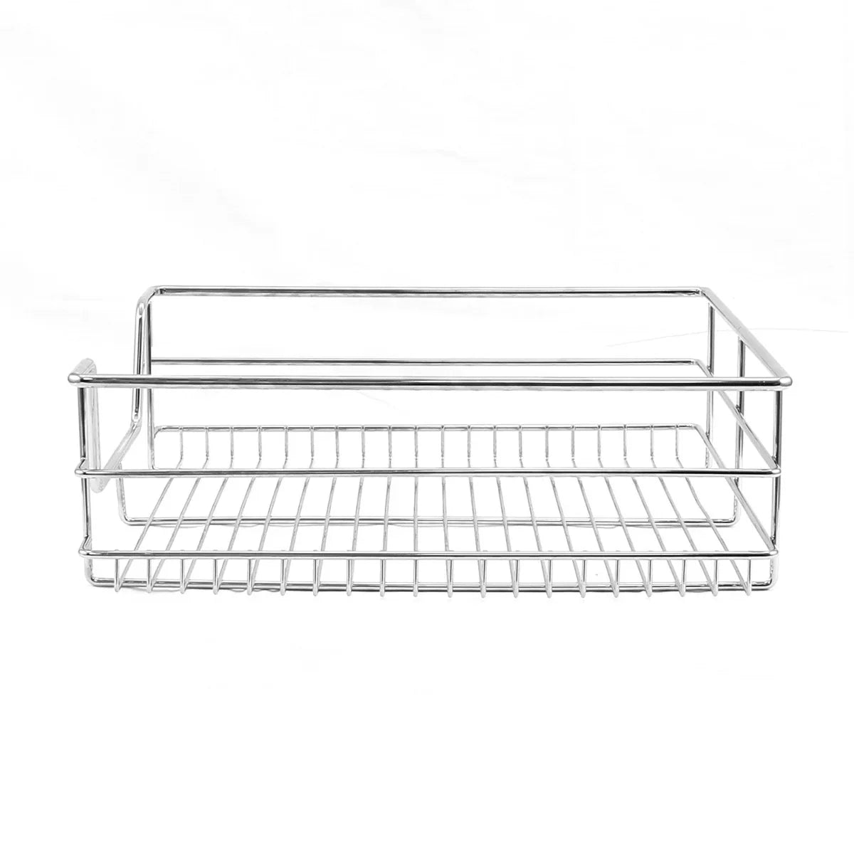 Stainless steel pull-out storage basket with a sleek design, ideal for organizing kitchen cabinets, measuring 500mm wide
