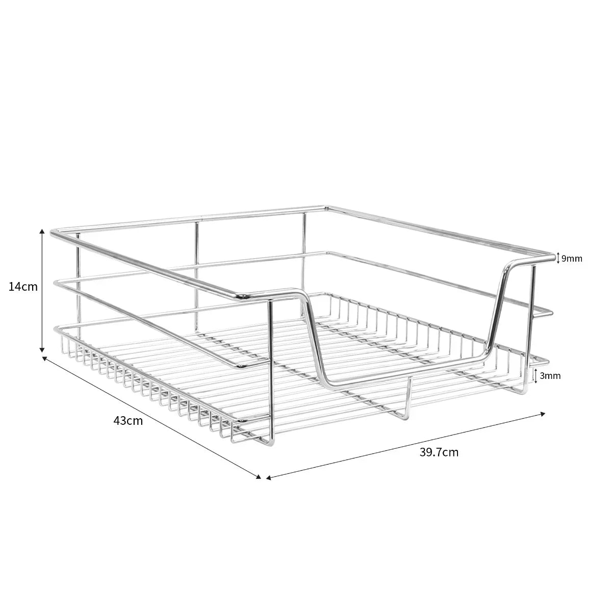 Stainless steel pull-out storage basket with open wire design, measuring 43cm x 39.7cm x 14cm, ideal for kitchen cabinets