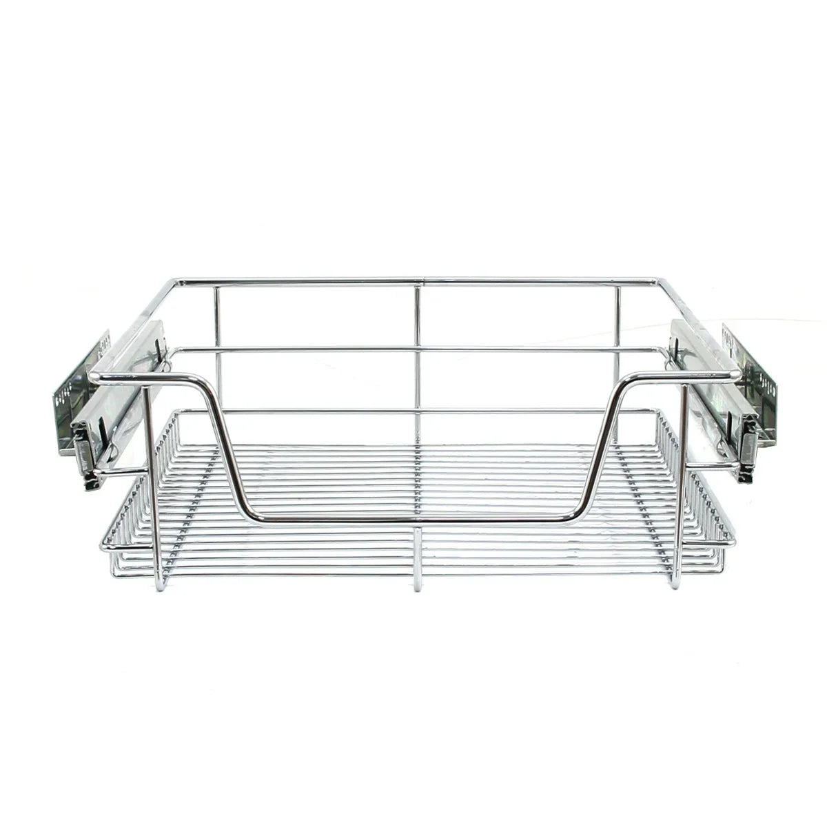Pull-out chrome storage basket for 500mm wide cabinets, featuring a sturdy wire design and smooth sliding mechanism for easy access
