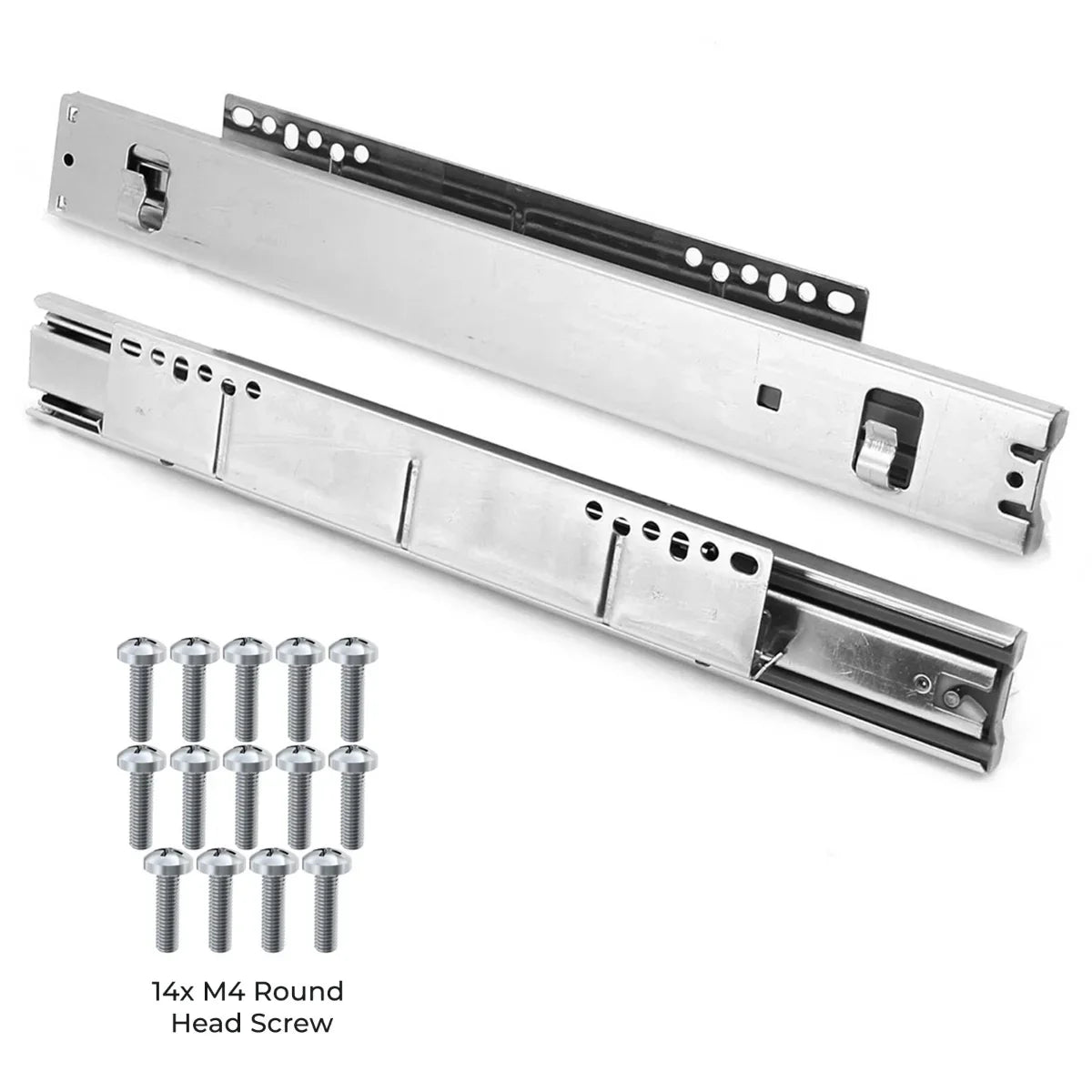 Stainless steel pull-out storage basket rails with 14 M4 round head screws for easy installation in 500mm wide cabinets