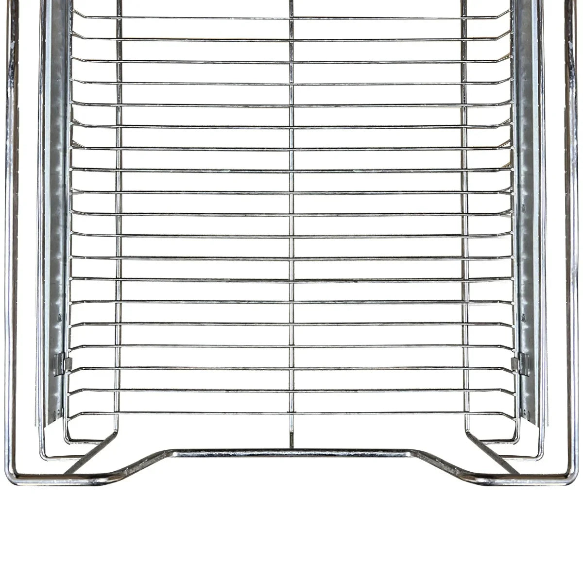 Stainless steel pull-out storage basket with a sleek, open wire design, ideal for organizing kitchen cabinets and maximizing space