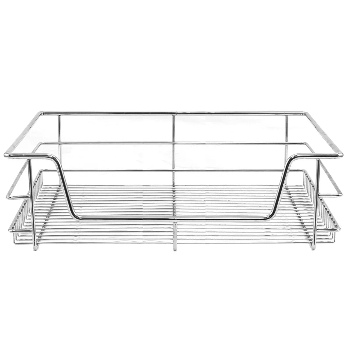 Stainless steel pull-out storage basket with a sleek design, ideal for organizing kitchen cabinets, measuring 600mm wide