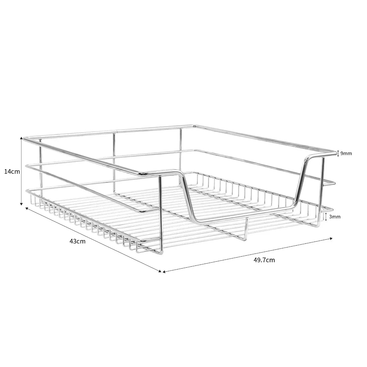 Stainless steel pull-out storage basket with dimensions 49.7cm x 43cm x 14cm, featuring a sleek wire design for kitchen cabinets