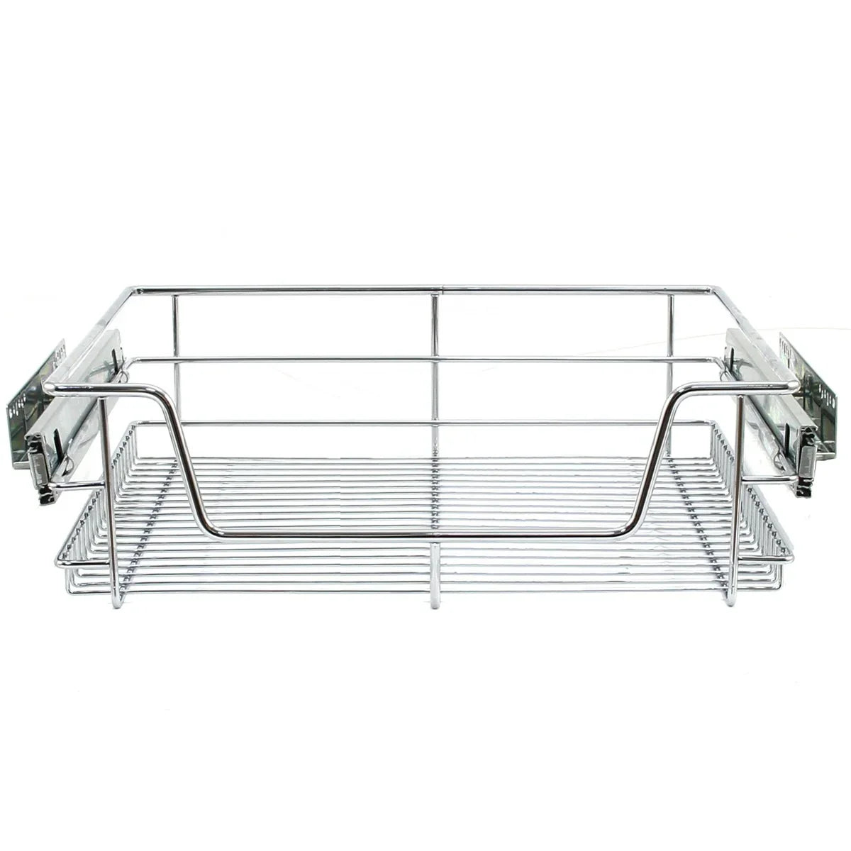 Chrome pull-out storage basket with a sleek wire design, ideal for organizing kitchen cabinets, measuring 600mm wide