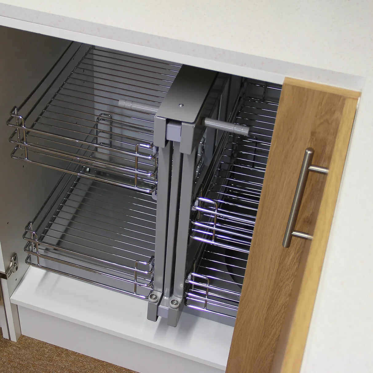 Right-hand pull-out kitchen cupboard drawers with sleek metal racks and a wooden finish, designed for efficient storage and easy access
