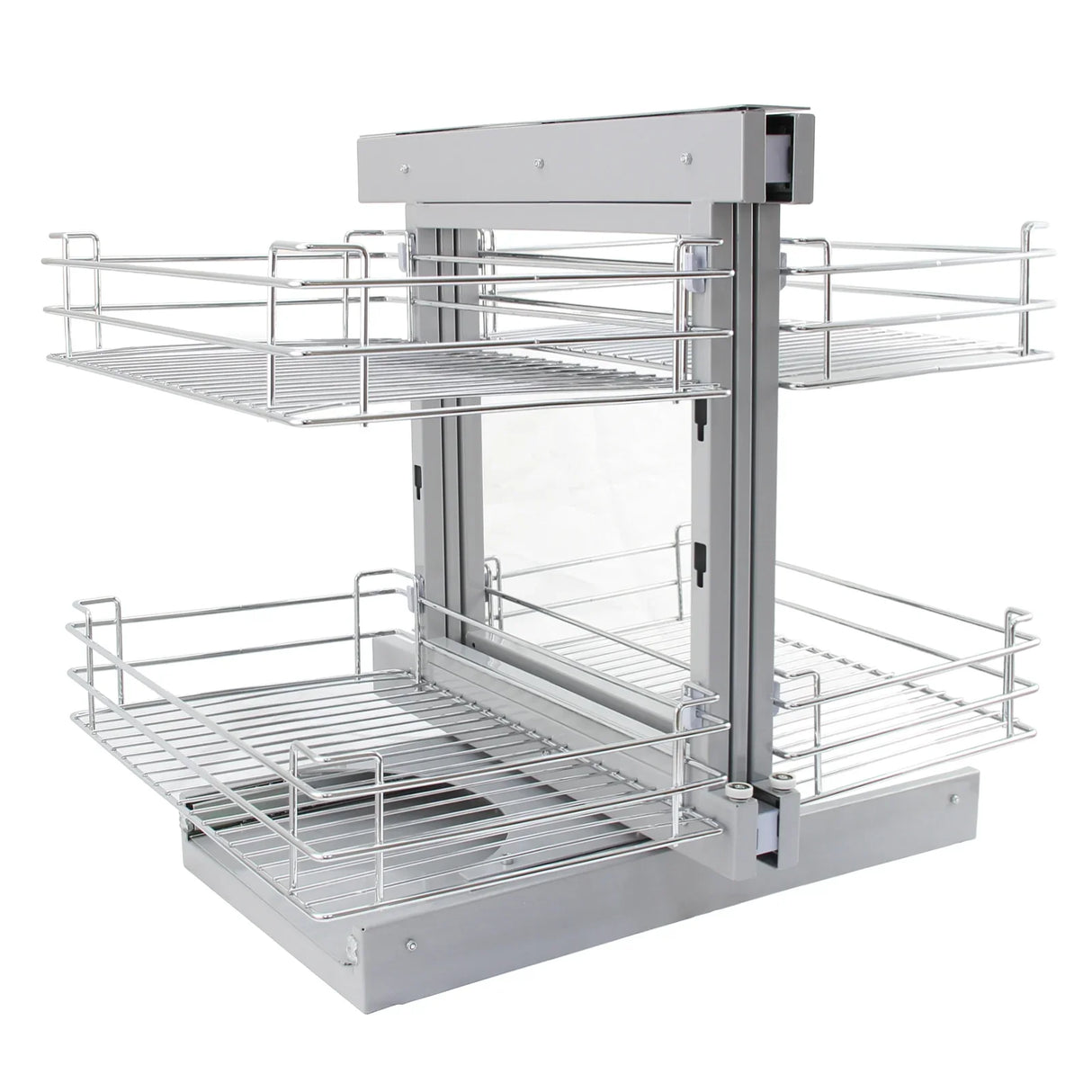 KuKoo Magic Corner Pull Out Kitchen Cupboard Drawers in silver metal, featuring two wire baskets for efficient storage and easy access