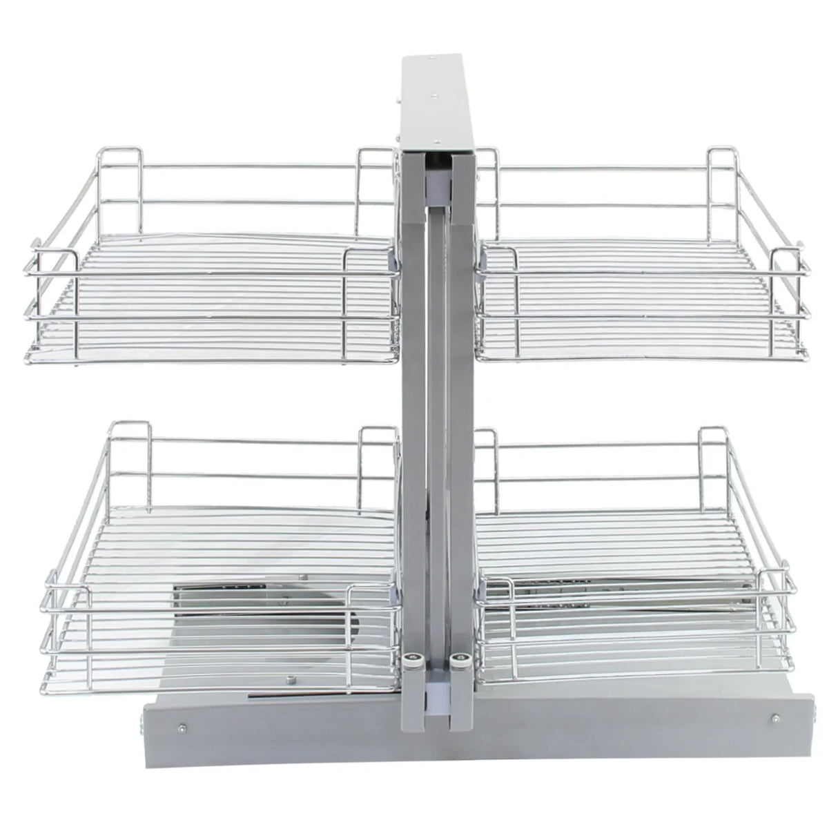 Right-hand KuKoo Magic Corner pull-out kitchen cupboard drawers with chrome wire baskets, designed for efficient storage and accessibility