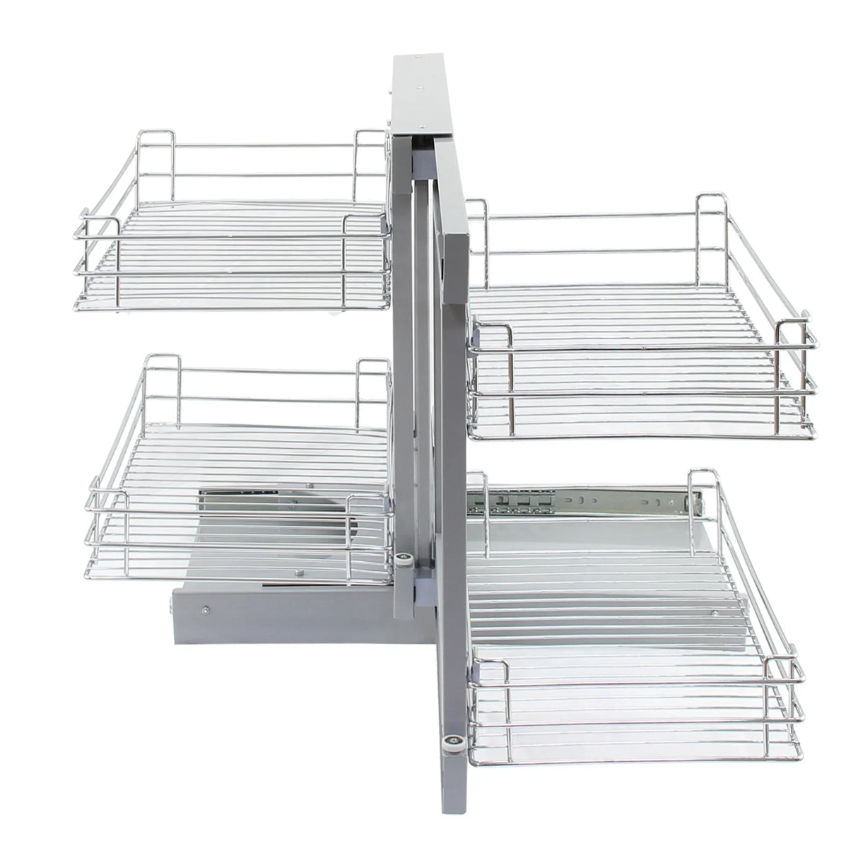 KuKoo Magic Corner Pull Out Kitchen Cupboard Drawers in silver metal, featuring four wire baskets for efficient storage and easy access