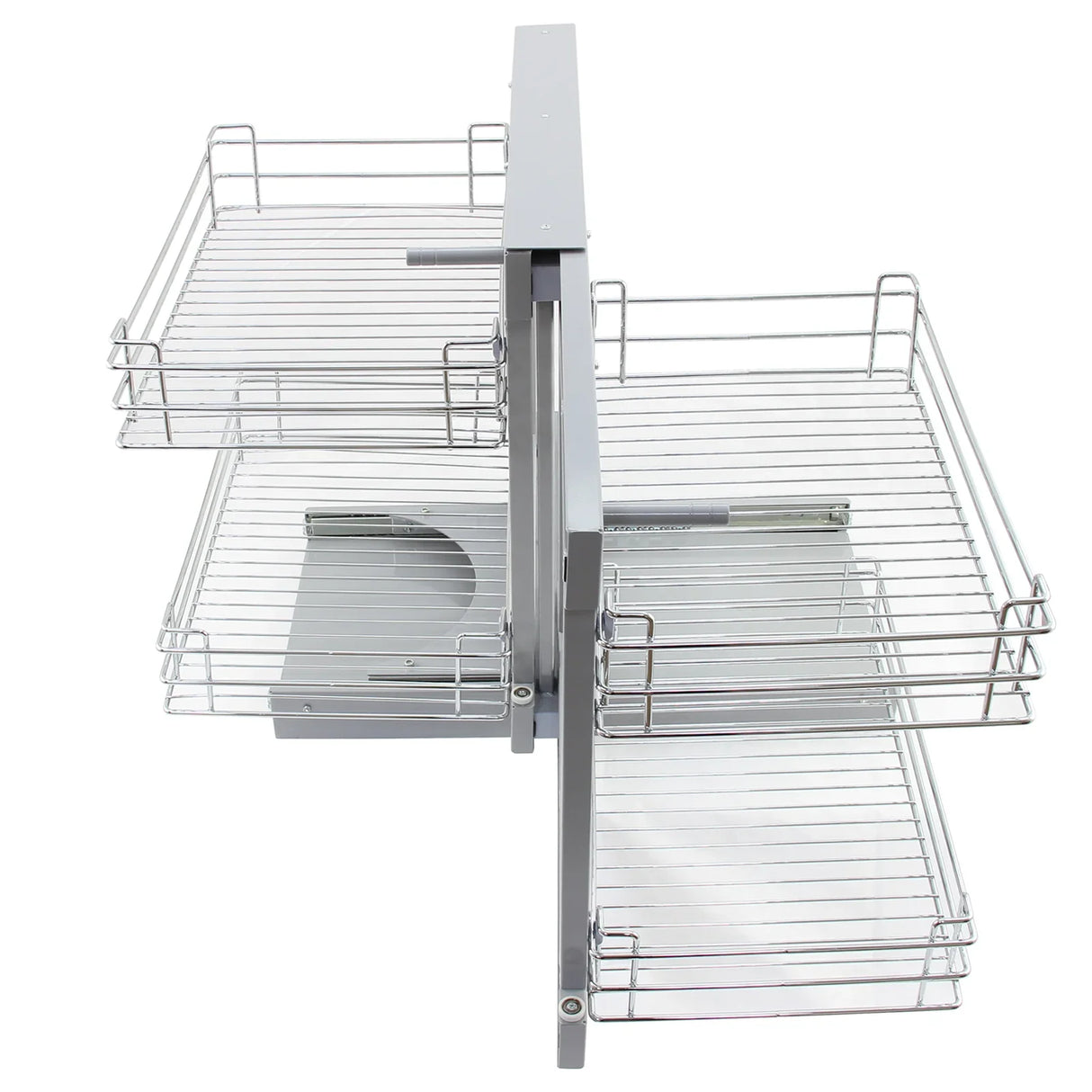 KuKoo Magic Corner Pull Out Kitchen Cupboard Drawers in silver metal, featuring two wire baskets and a sleek design for easy access